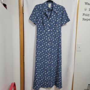 Jaclyn Smith Blue Floral Short-Sleeve Button-down Maxi Dress, Size 14